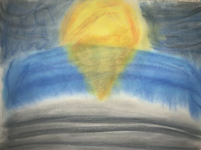 An abstract painting showing what appears to be a yellow sun at the center of a blue background to symbolize the sky and ocean.